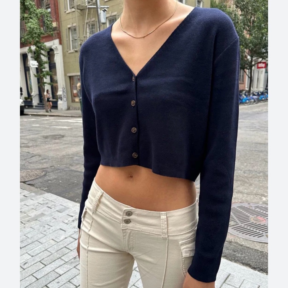 Brandy Melville Navy Blue Cotton Buttoned Cardigan Sweater Crop Top Size Small